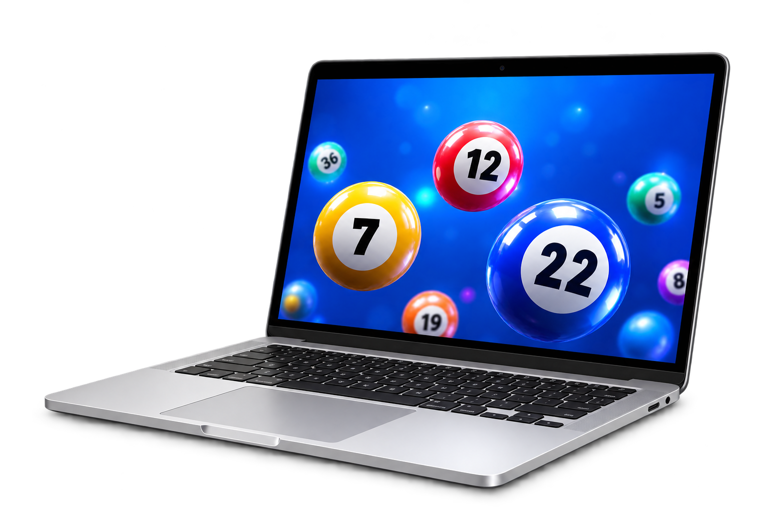 PC portable argenté affichant des boules Loto colorées