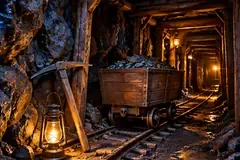 Illustration originale d’ambiance : galerie de mine, chariot et lanterne