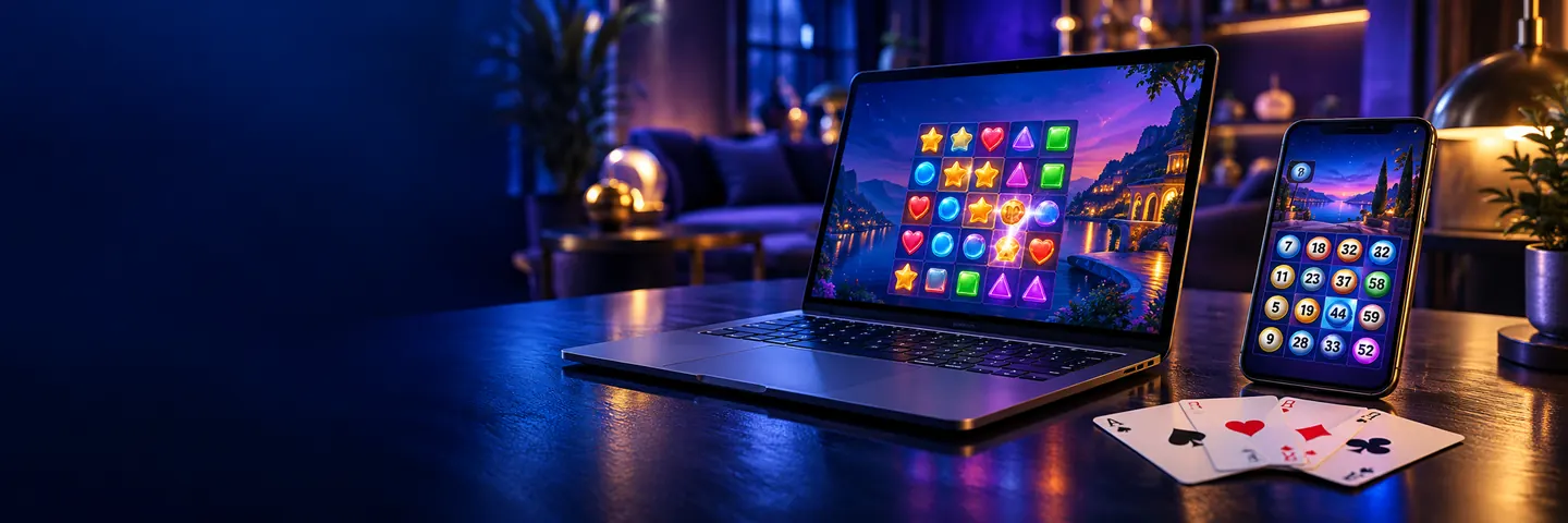 Ambiance de jeux en ligne : ordinateur, téléphone avec interfaces originales et cartes à jouer dans un décor bleu et violet