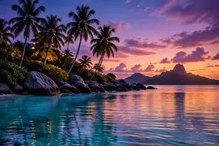 Illustration originale d’ambiance : lagon tropical au coucher du soleil